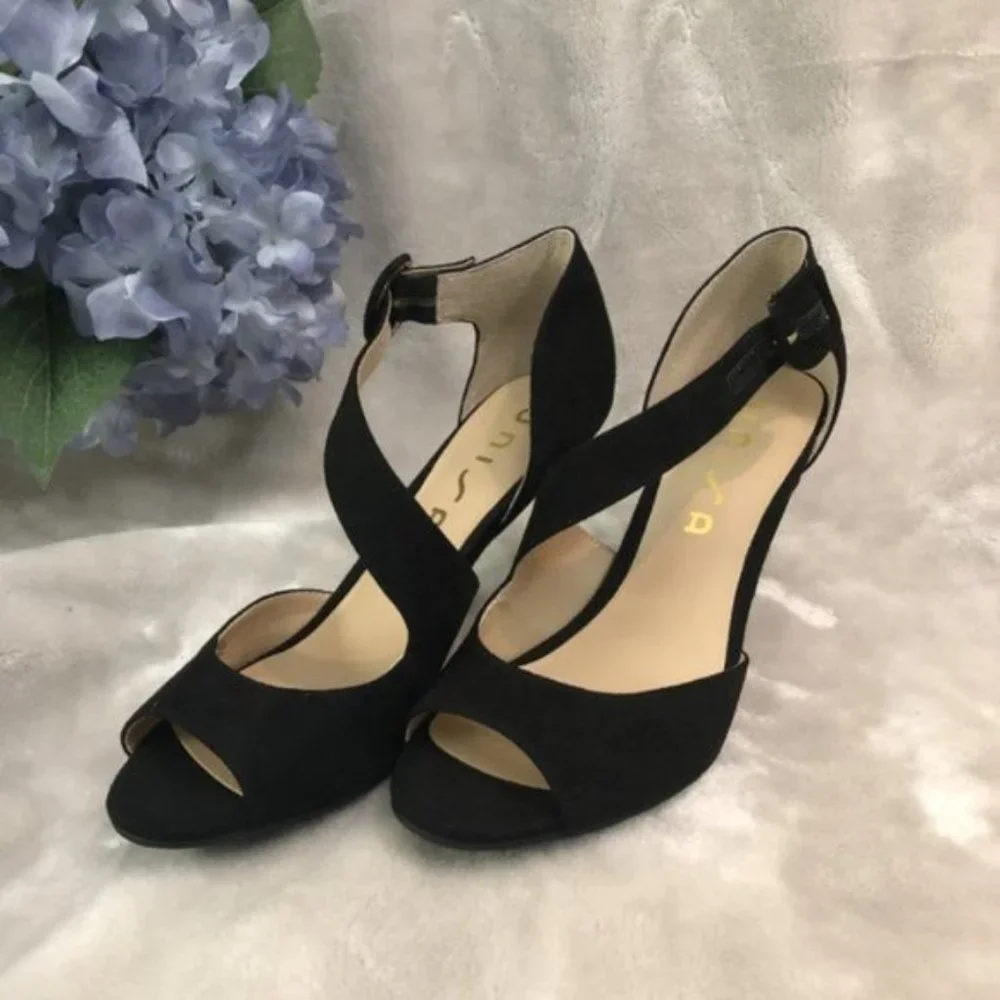 Unisa Black Suede Crisscross Peep-Toe Heels